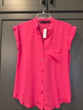NY Collection Hot Pink Cap Sleeve Button-Down Blouse